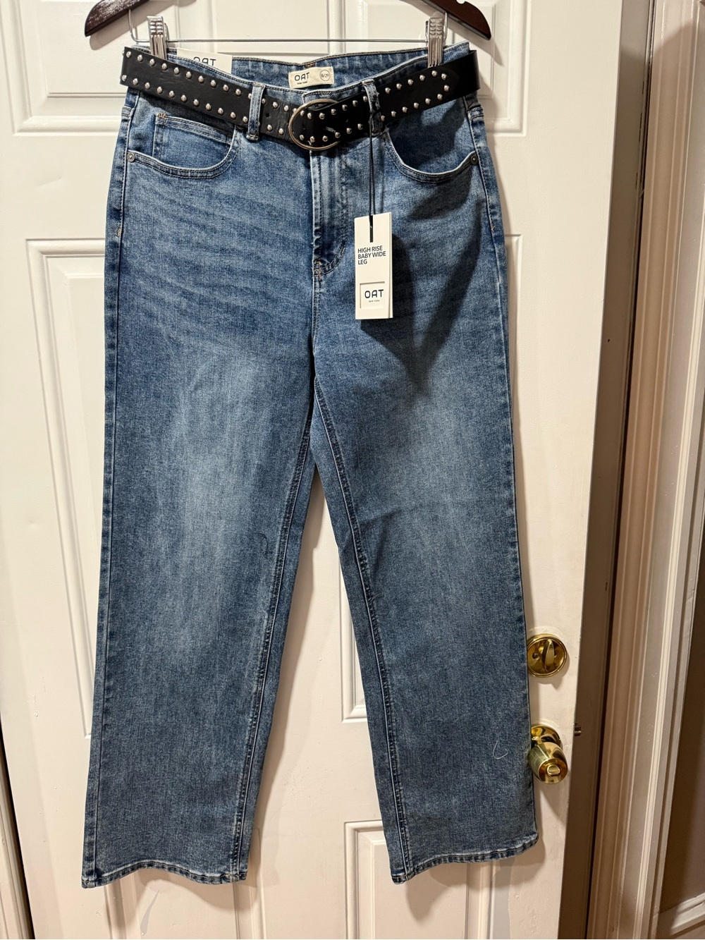 Oat New York High-Rise Wide-Leg Jeans in Medium Blue with Black Studded Belt